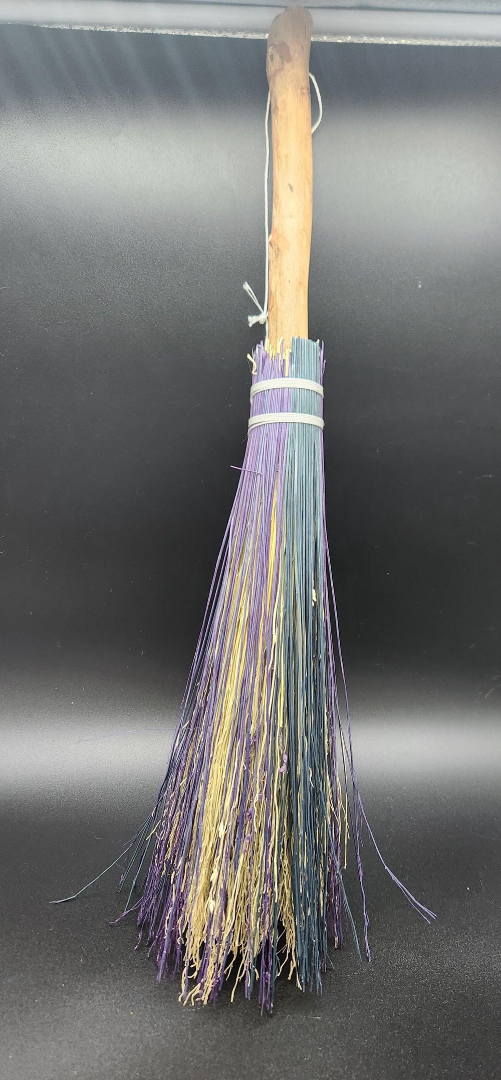 Natural, purple, and teal blue handmade witch's broom